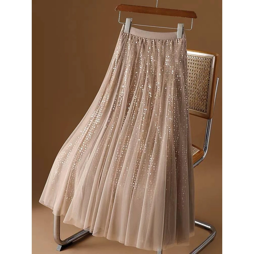 8829中长款亮片百褶裙洋气时尚网纱裙长款洋气时尚半身裙