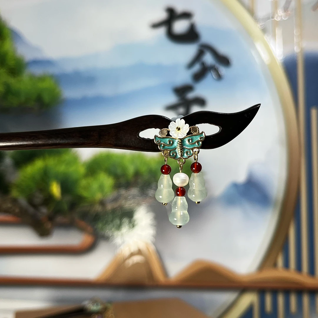 七公子 蝶风 黑檀木双面款盘发簪子百搭简约旗袍发簪民族风
