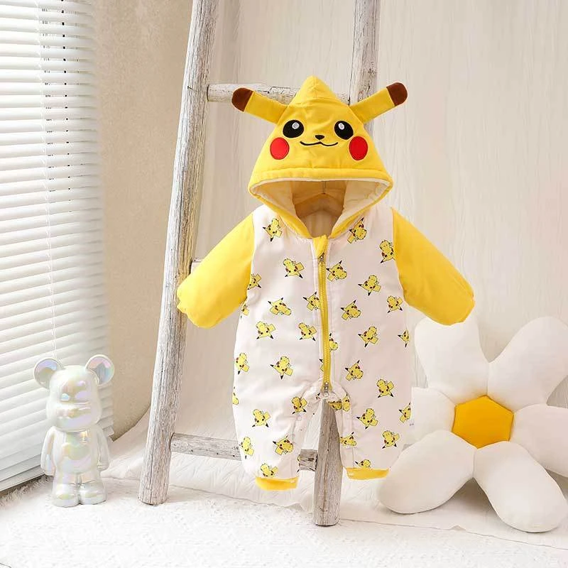 加厚加绒卡通男女宝宝皮卡丘黄色粉色卡通婴幼儿连体衣棉服外出服