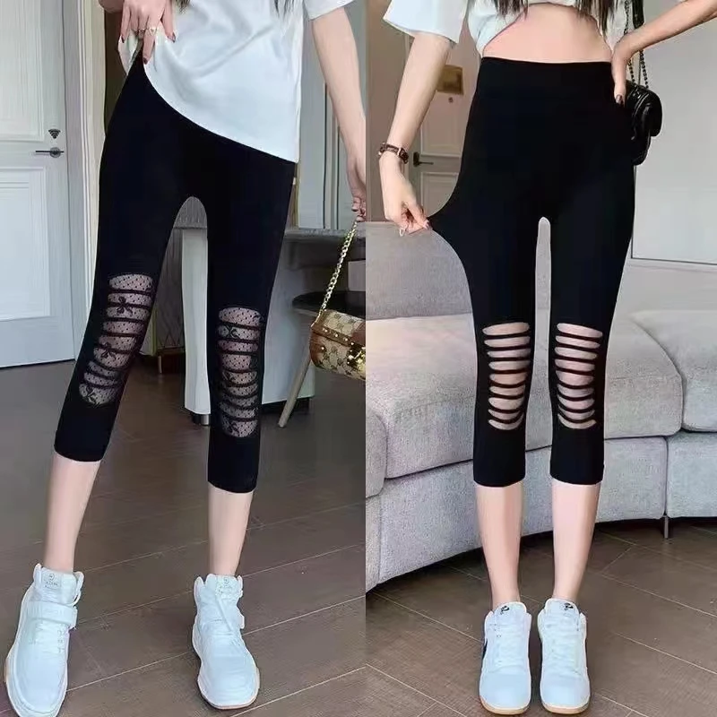 2024夏季新款高腰紧身休闲时尚女士7分打底裤百搭显瘦破洞修身