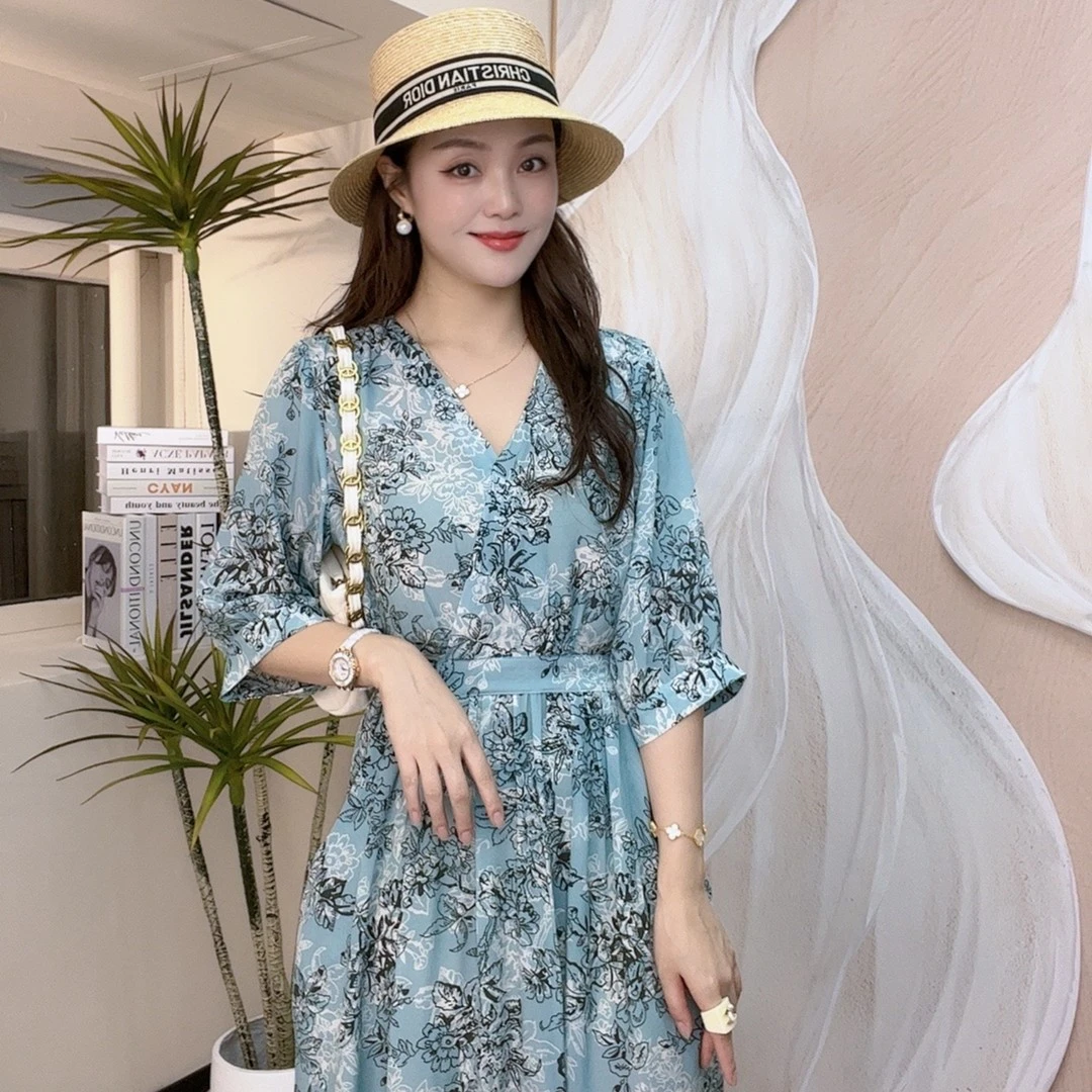 夏季显瘦法式休闲桑蚕丝真丝时尚气质轻奢印花a字连衣裙YS053002