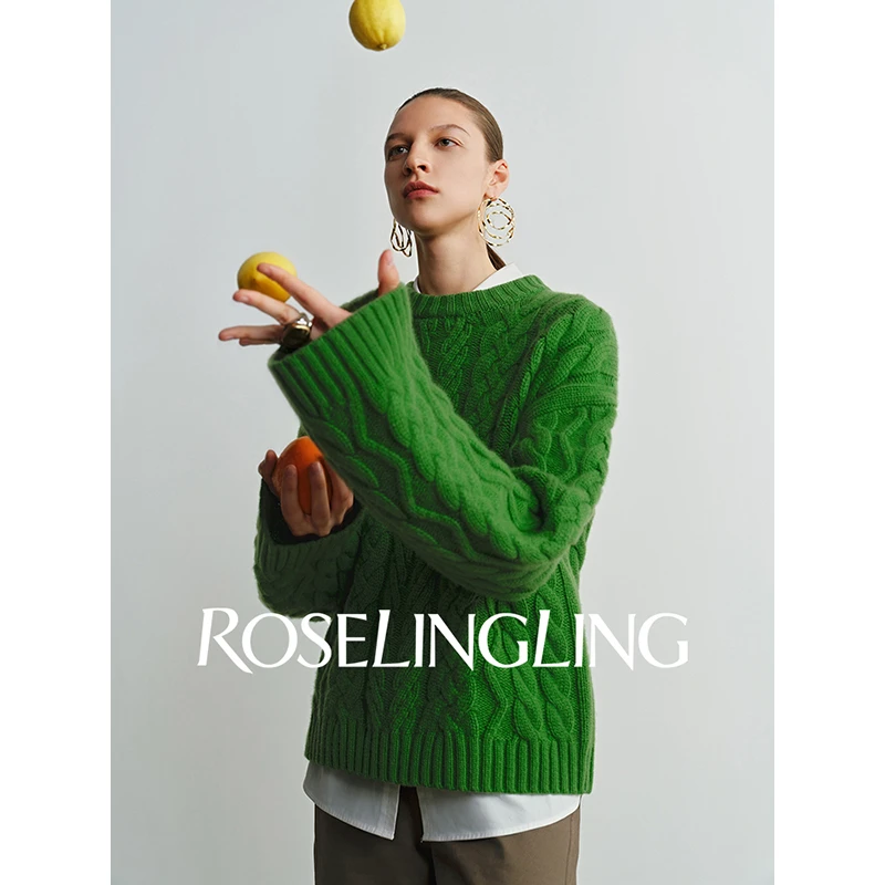 Roselingling意趣复古柔暖厚实荃羊毛艺术感组合绞花宽松包容毛衫