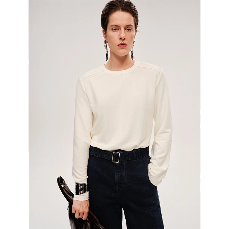 Roselingling萬搭衣橱60S棉腈蚕丝质感加绒叠穿显瘦圆领宽松T恤女