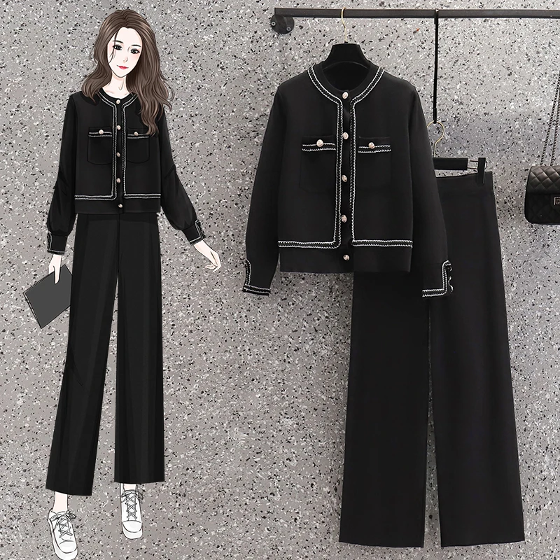 【小曹大码】女装胖mm小香风针织上衣高腰阔腿长裤两件套-LXE6056