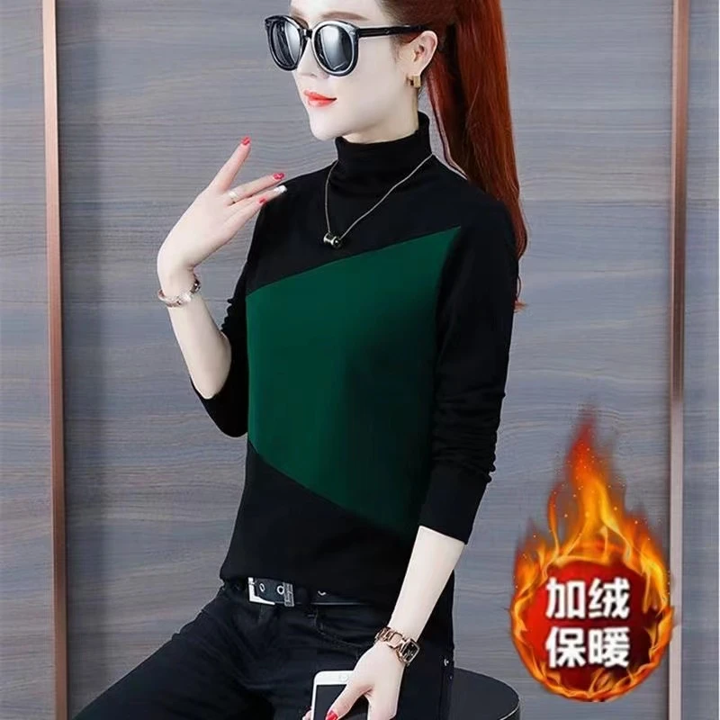 双面德绒 加厚 洋气保暖百搭时尚半高领秋冬显瘦韩版拼色打底长袖