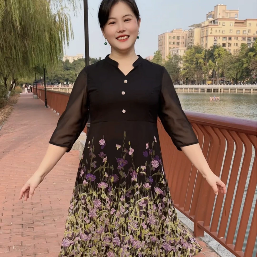 妃紫原创大码轻奢气质春夏时尚优雅显瘦连衣裙繁花似锦FZ24001