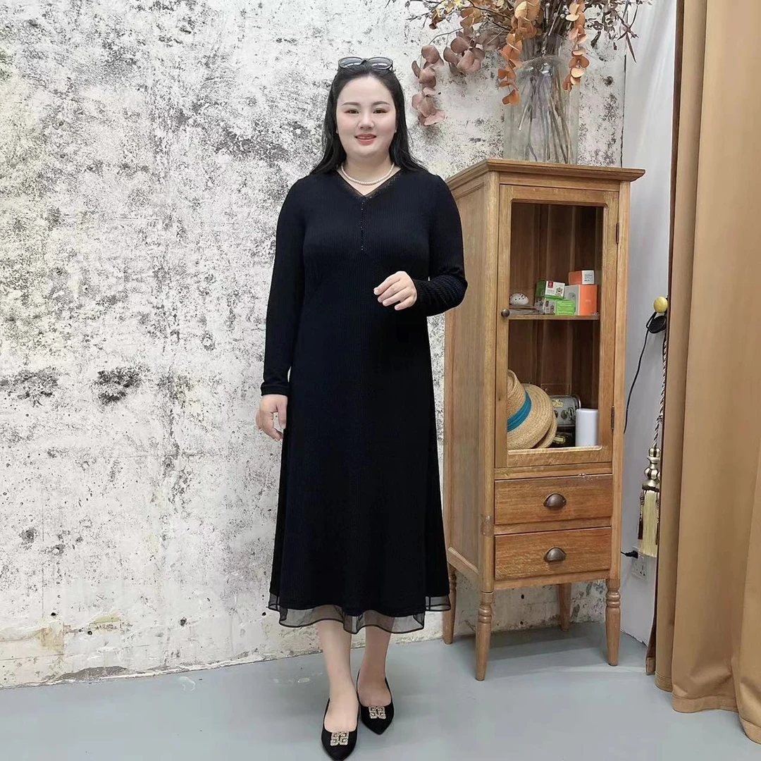 秋冬新款V领竖条纹气质针织闪闪中长裙显瘦连衣裙