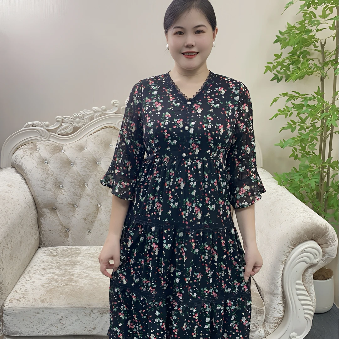 妃紫FZ24047原创大码进口织银碎花荷叶袖甜美减龄显瘦V领连衣裙