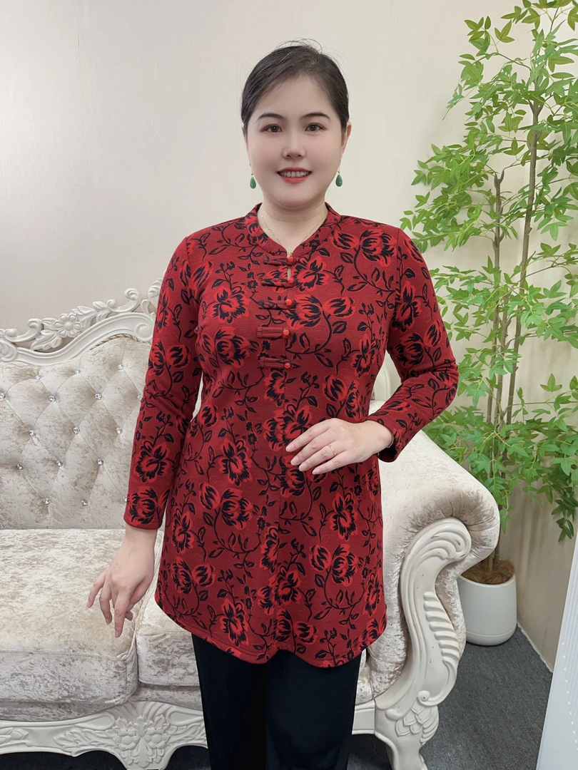 妃紫原创加绒加厚富贵红牡丹时尚新中式中长款上衣FZ23113妈妈装