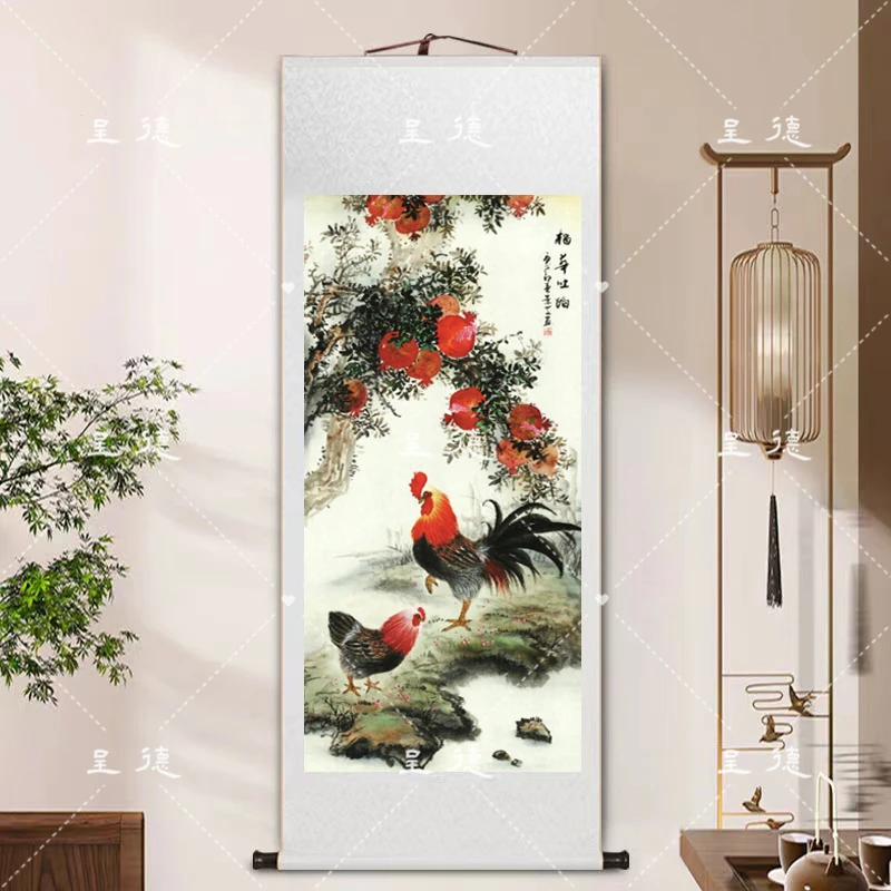 180*75《榴华吐焰》公鸡客厅餐厅玄关走廊卧室花鸟国画装饰画