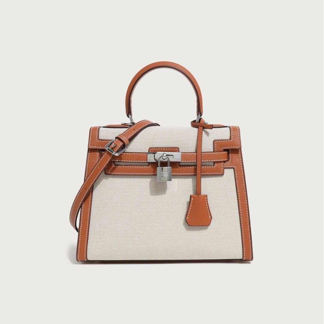 2024新款麻布凯莉包拼接简约大容量时尚单肩斜挎包百搭女手提包