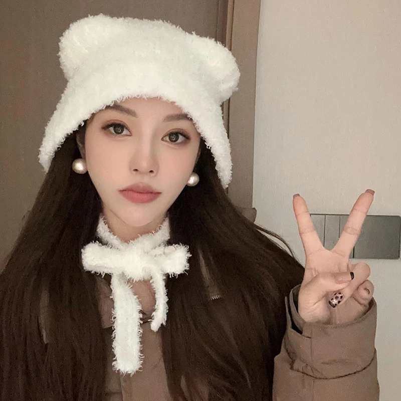 新款大头围毛绒可爱小熊帽子女秋冬季百搭显脸小爆款保暖针织帽潮