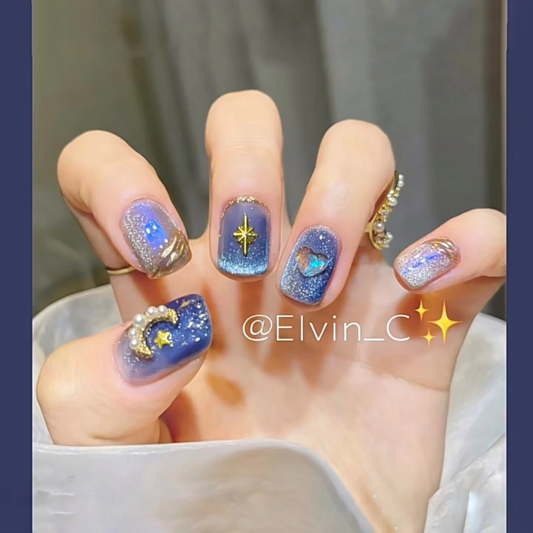 【繁星沈月】高端手工美甲·纯手工穿戴美甲10片春夏渐变爆闪流行蓝