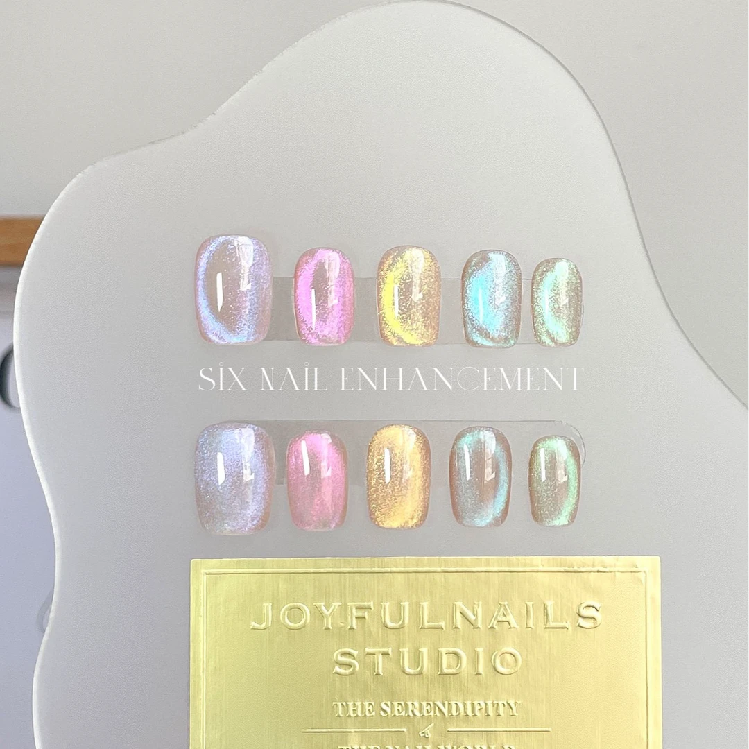 【彩虹蓝眼泪】原版定制猫眼·纯手工穿戴美甲10片春夏爆闪冰透猫眼