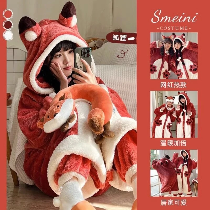 网红可爱卡通珊瑚绒睡衣女秋冬新款加绒加厚连体小狐狸睡袍家居服