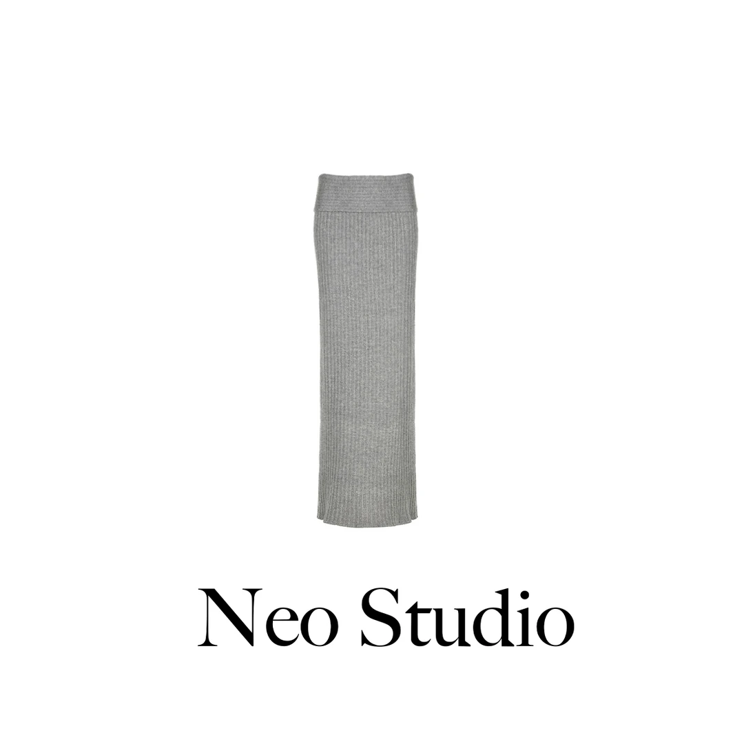 Neo Studio 24AW 纯色毛织包臀长裙简约气质显瘦翻边遮胯半身裙