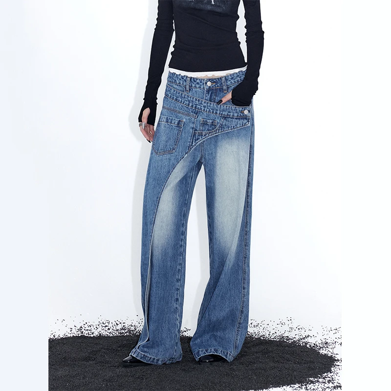 ourhour 斜拼错位 水洗蓝解构设计宽松裤裙式牛仔裤 女设计感长裤