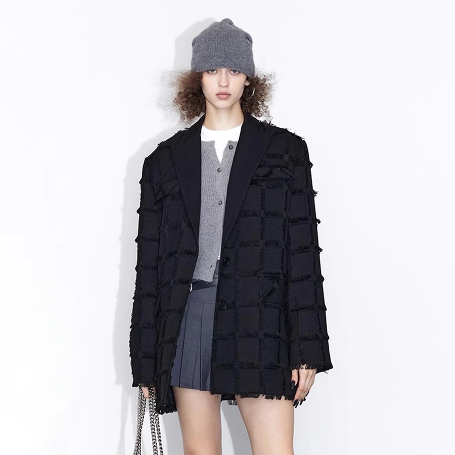 ourhour 格纹流苏 黑色毛边宽松休闲西装外套 女秋冬设计感西服