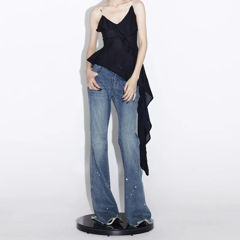 ourhour 烫钻毛边下摆 蓝色宽松微喇叭阔腿牛仔裤 女夏设计感长裤
