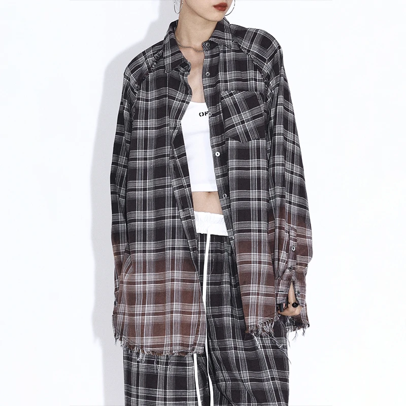 ourhour 宽松慵懒 复古渐变格纹薄款毛边大衬衫 女夏设计感防晒衣