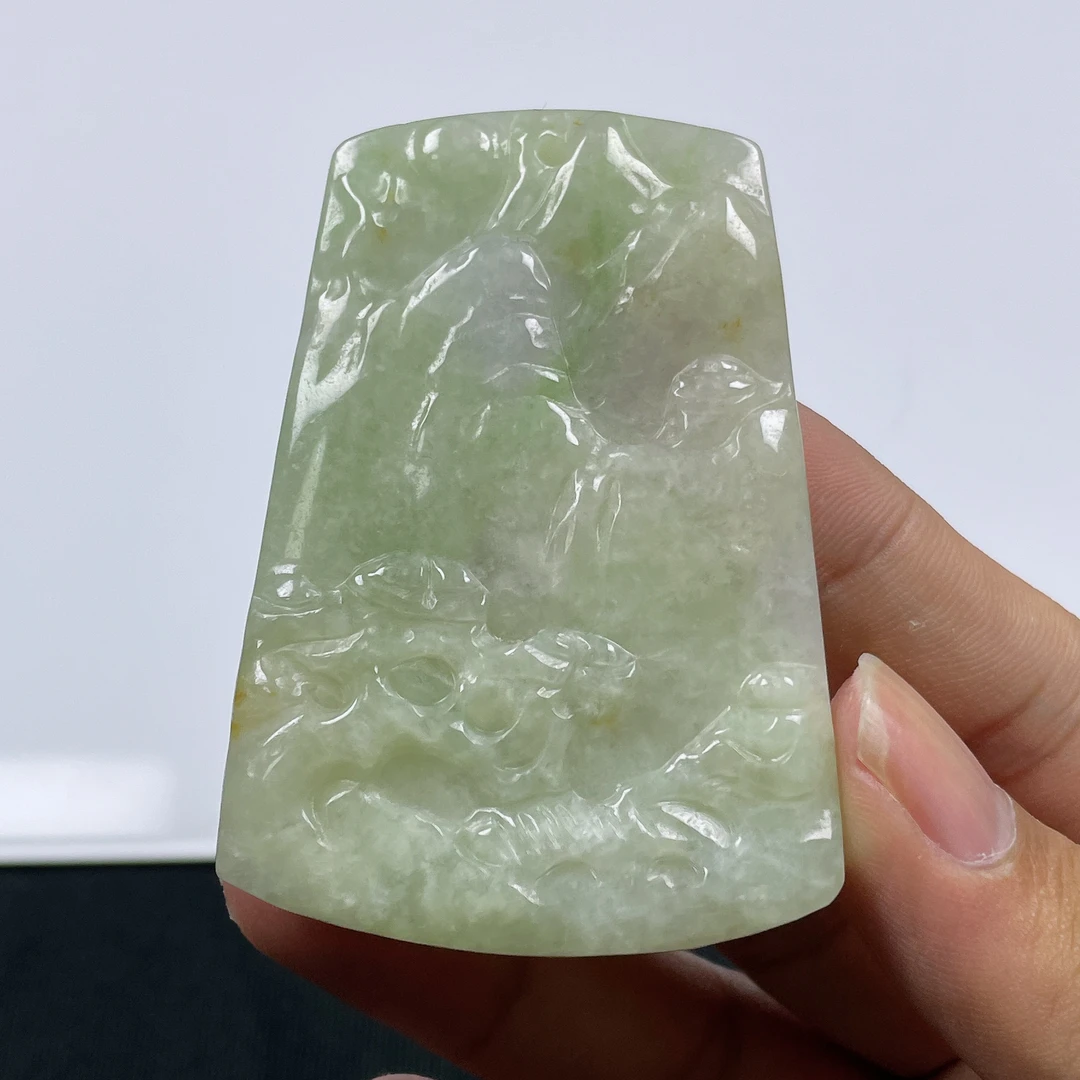 缅甸天然翡翠A货山水牌翡翠吊坠多彩大气飘花紫色雕刻意境Q033