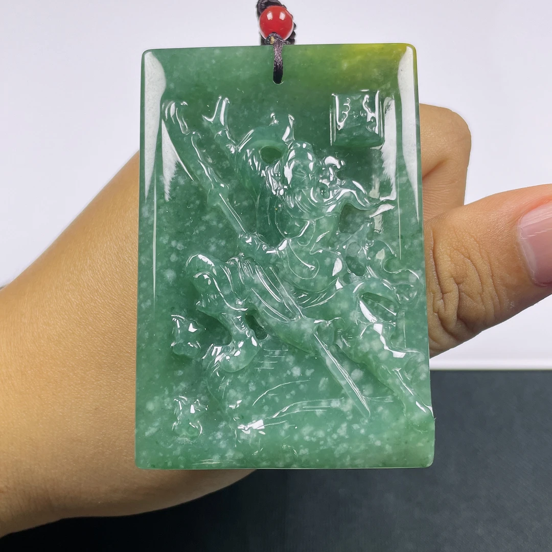天然翡翠A货关公牌翡翠吊坠关羽珈蓝菩萨武圣飘黄翡大气时尚V021