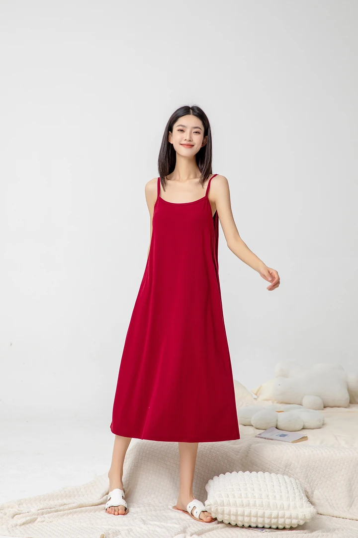 夏季带胸垫一体女款睡衣女纯色吊带睡裙女士可外出中长款家居服