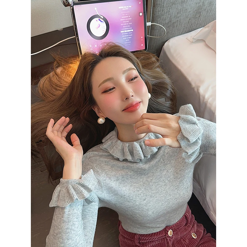 智英欧尼【藏青色短袖羔冬季上衣女+花瓣打底衫毛针织衫内搭灰色】