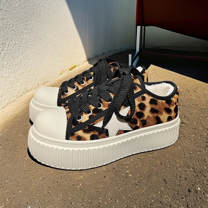 欧货羊毛保暖厚底大头女鞋24冬时尚休闲真皮马毛豹纹加绒雪地棉鞋