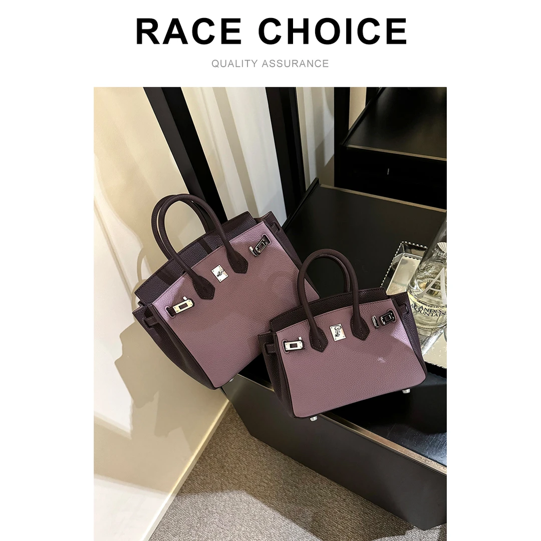 【不睡觉商店】铂金包高级感紫色包包女2025新款牛皮拼色迷你手提包