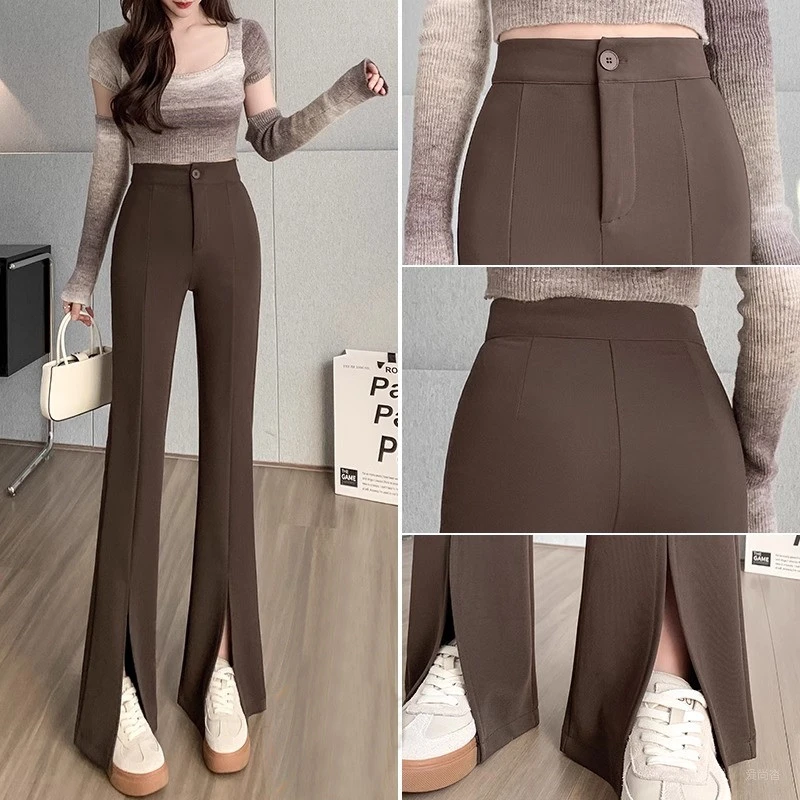 开叉西装裤女夏季薄款微喇叭裤高腰显瘦时尚百搭修身微喇西装裤子