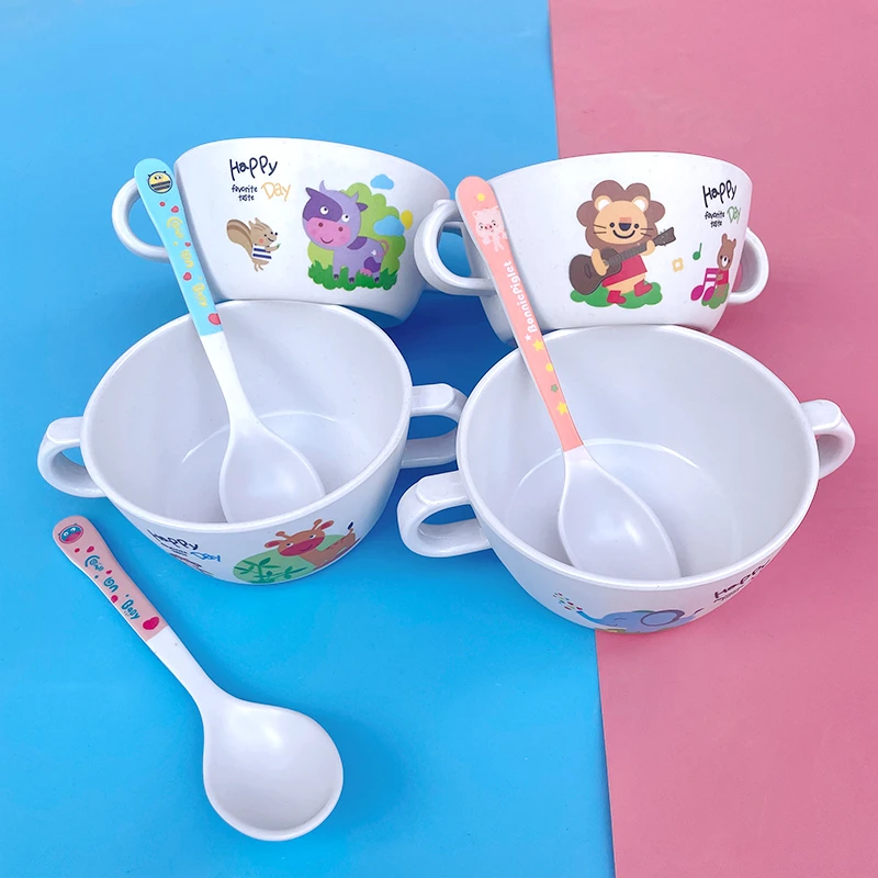 可爱卡通竹纤维儿童碗勺套装辅食宝宝双耳碗幼儿孩子吃饭汤碗餐碗