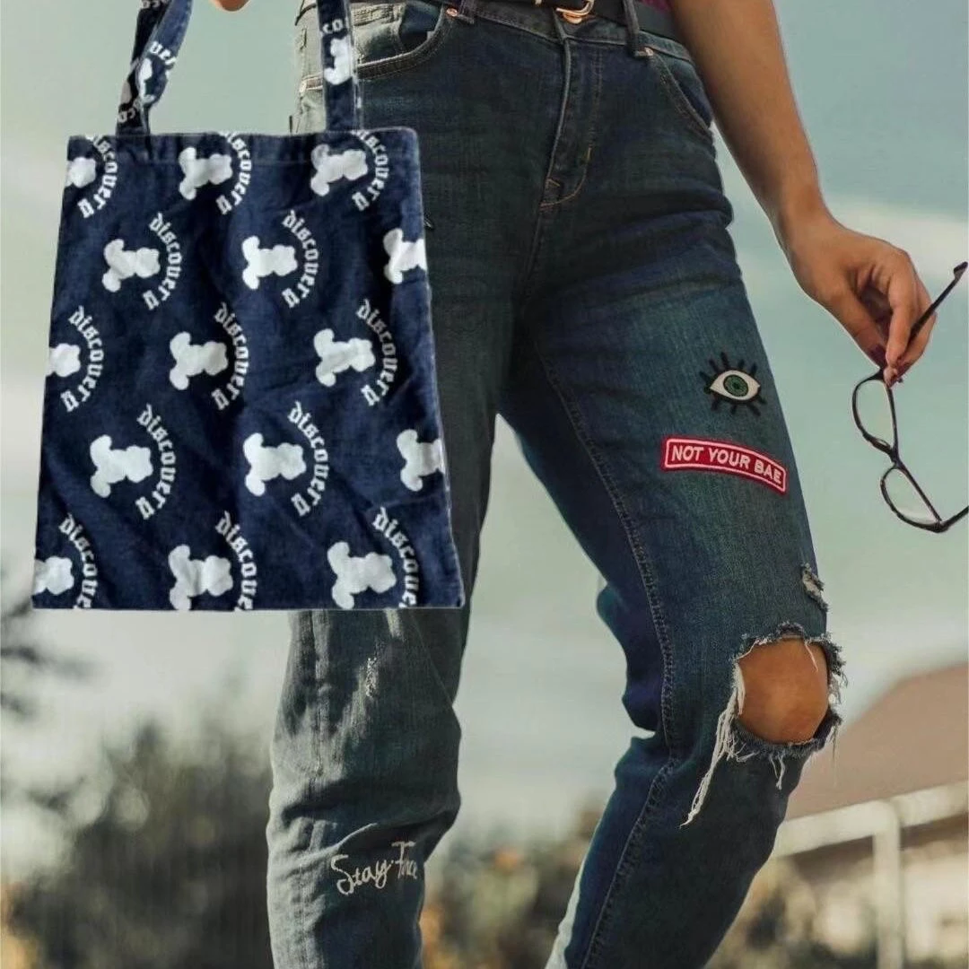 DY原创牛仔布包印花便携手提通勤包百搭单肩包女通用小众复古休闲