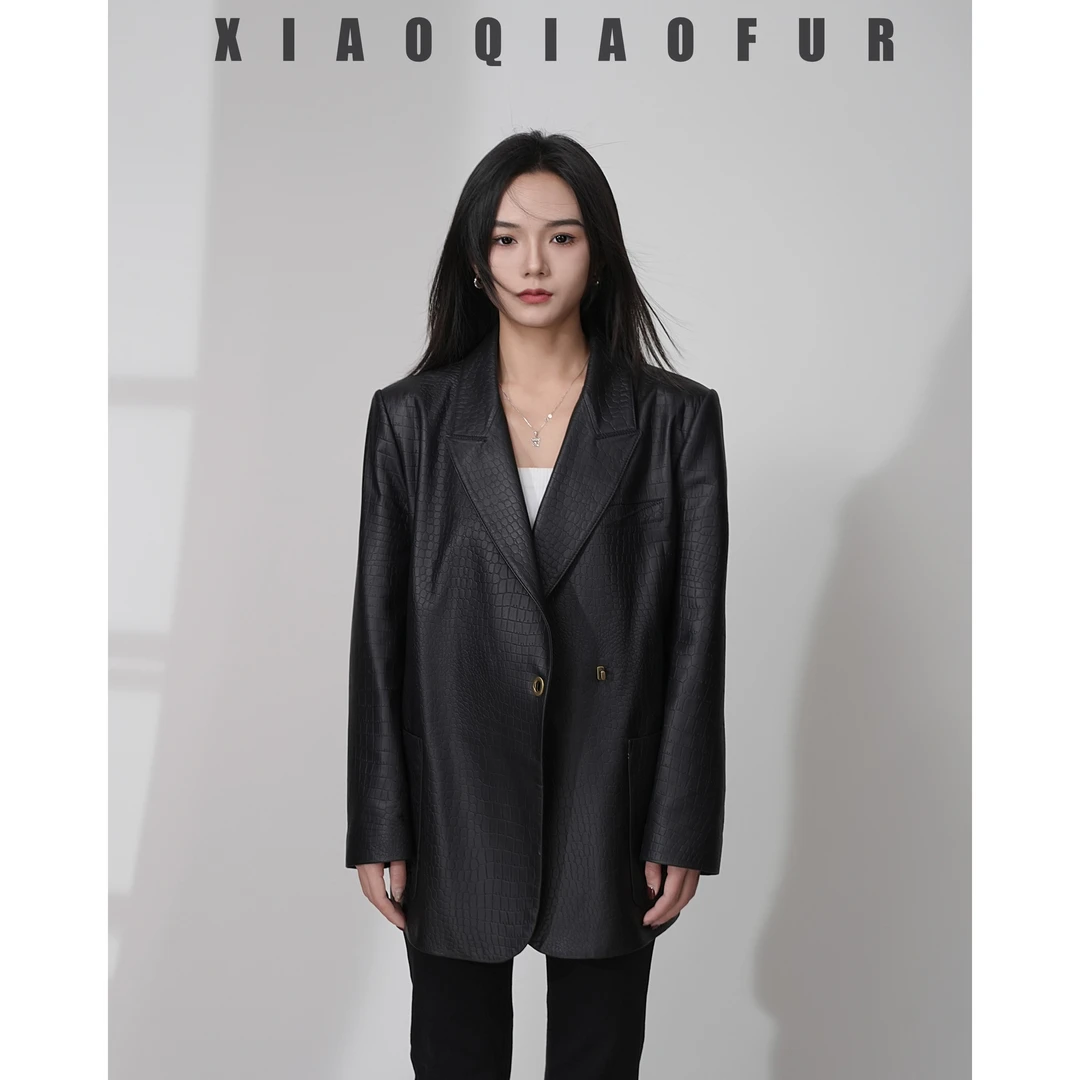 高端真皮时尚克压花羊皮中长款黑色西服西装海宁皮衣女真皮2X89