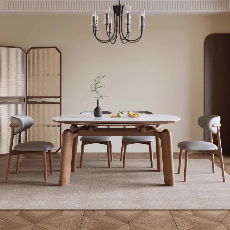 餐厅实木加粗大象腿可伸缩加厚岩板餐桌原木风简约家用吃饭桌