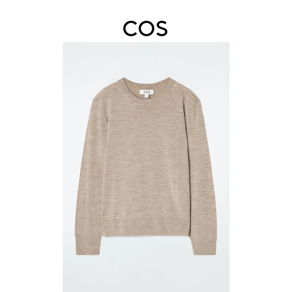COS女装 标准版型圆领美利奴羊毛针织衫杏色长袖1229413005