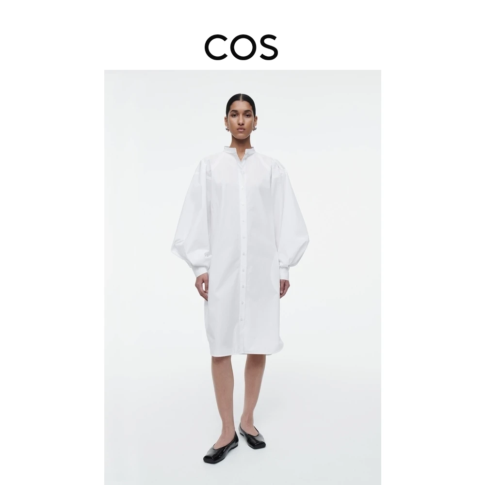 COS女装 休闲版型立领灯笼袖衬衫连衣裙简约白色夏季1241051001