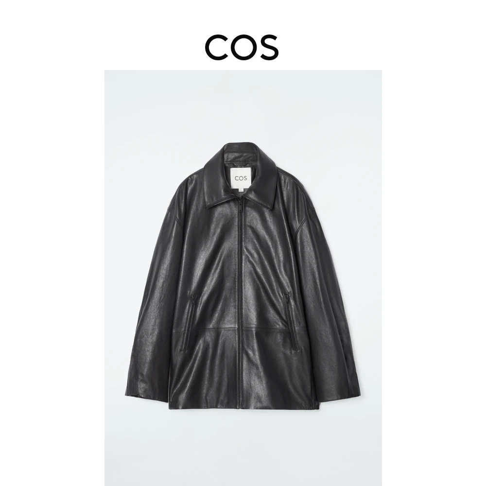 COS女装 休闲版型工装机能风皮革外套黑色2024秋冬新品1246235001