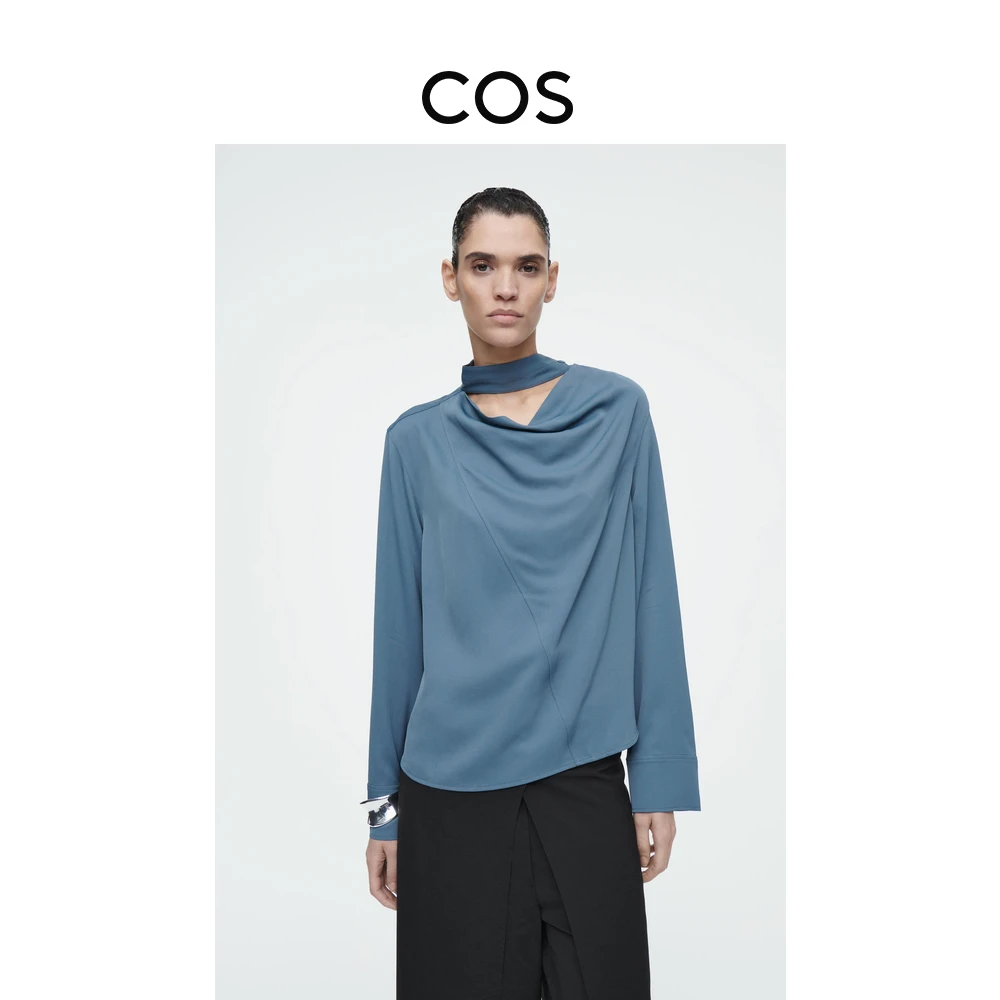 COS女装 休闲版型垂褶领围巾细节衬衫蓝色2025春季新品1262016001