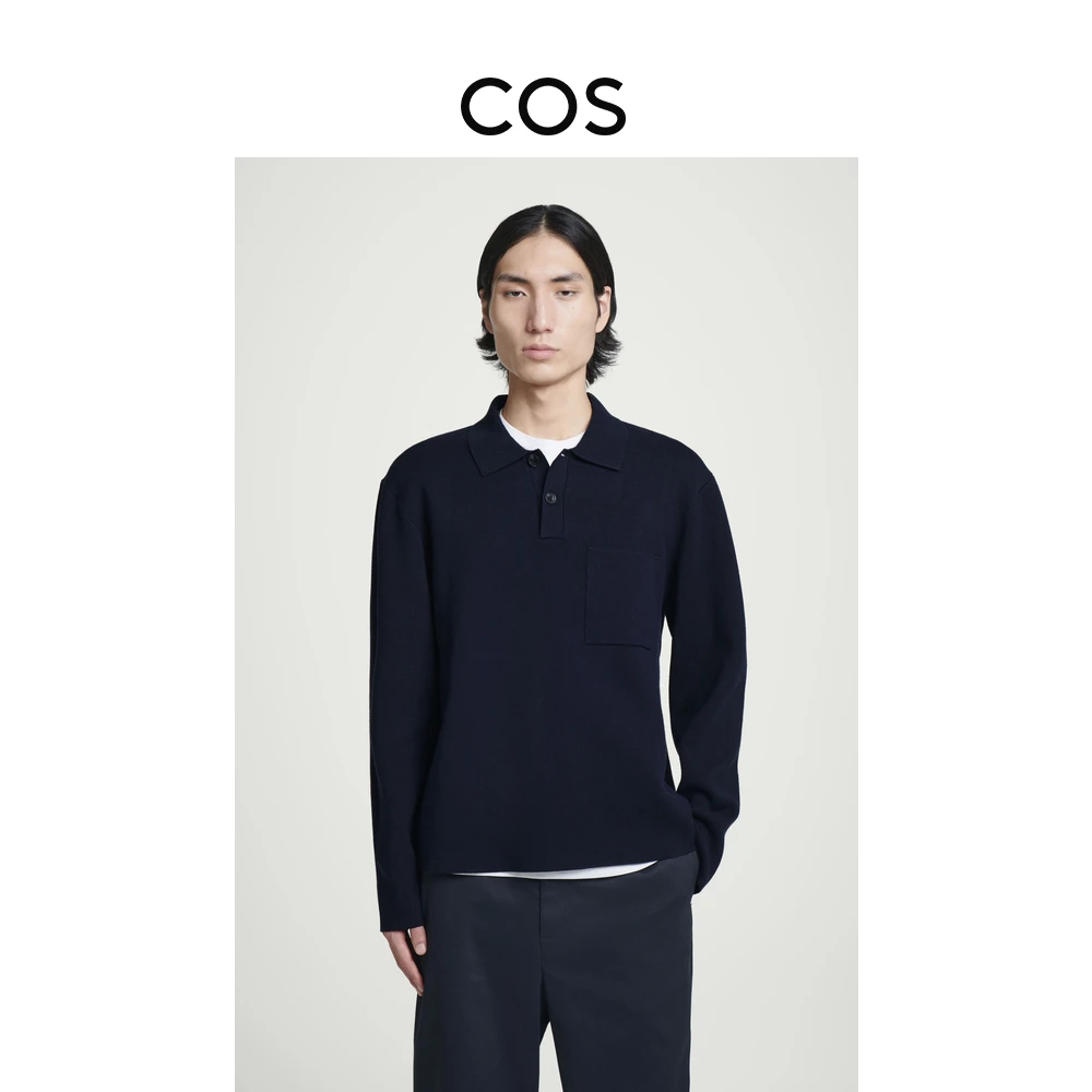 COS男装 标准版型翻领长袖POLO衫藏青色新品1260770002