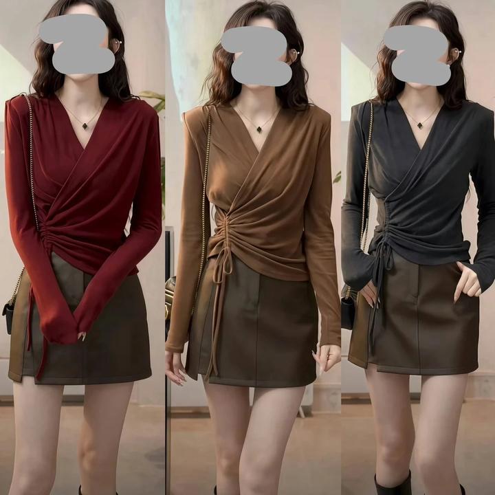 2024法式不规则褶皱交叉V领长袖t恤女秋季抽绳修身显瘦打底衫上衣