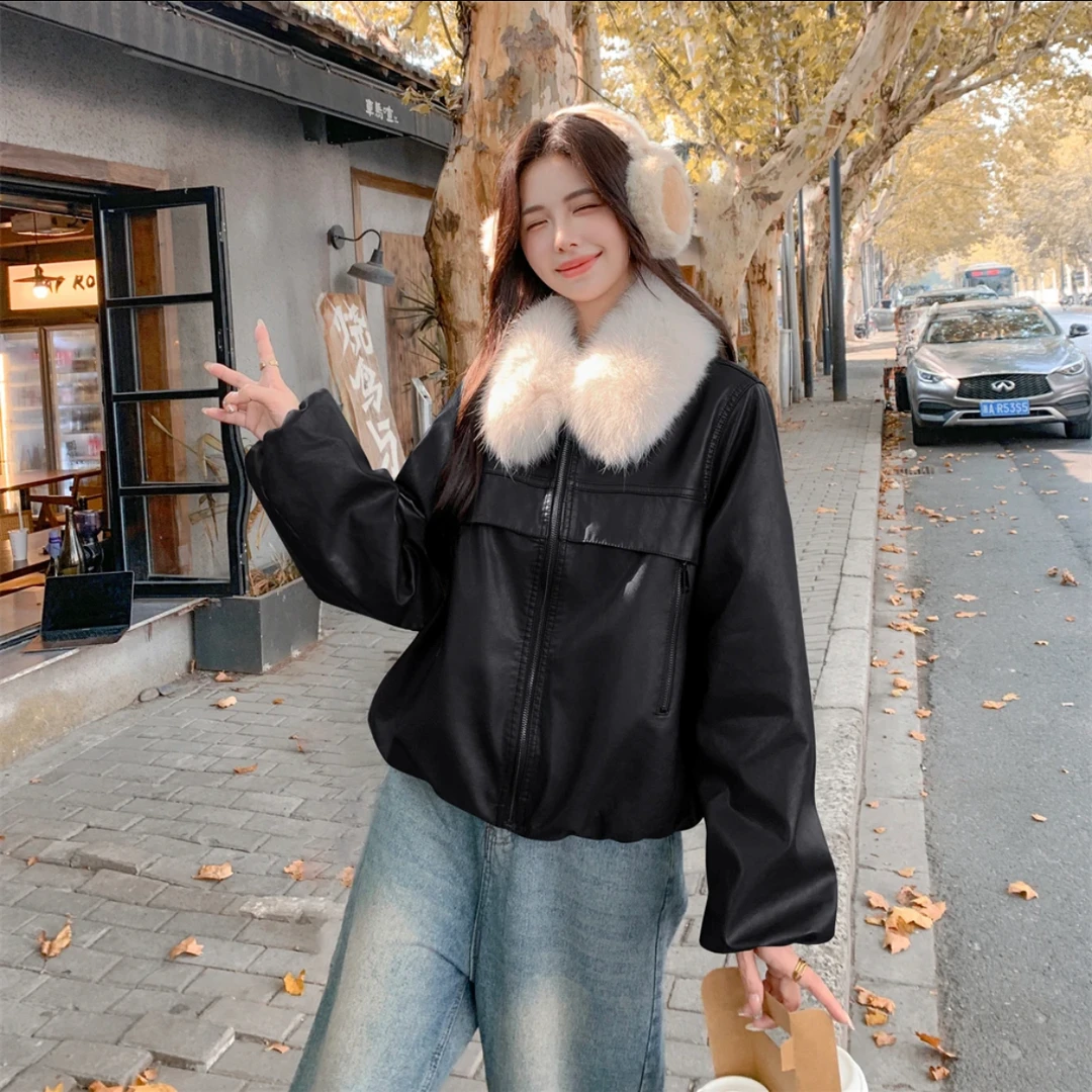 依姿爽2832新款大毛领pu皮衣女冬季加绒加厚皮衣韩系外套小个子