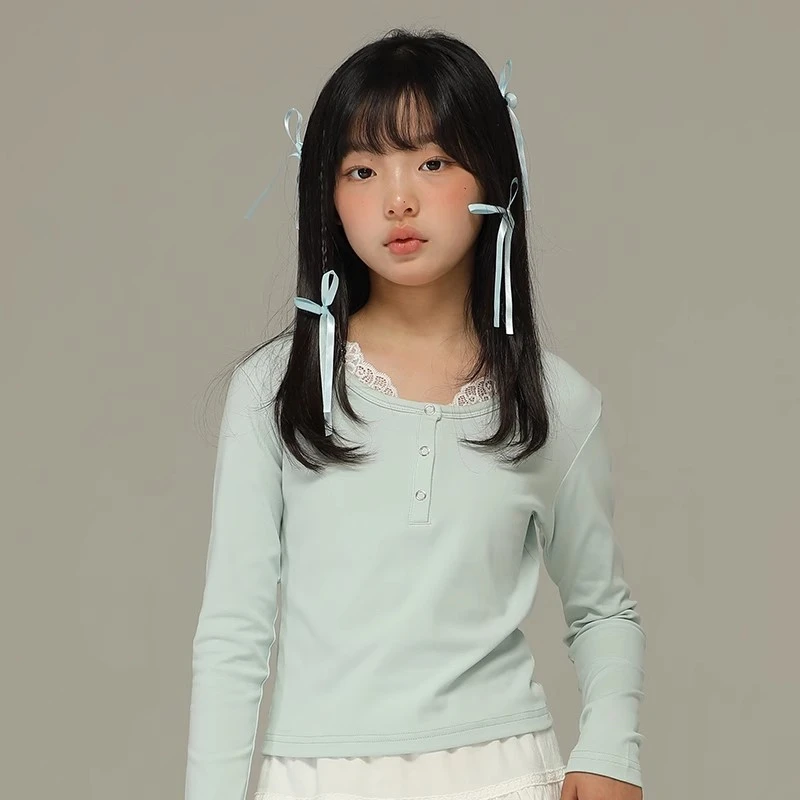 小女森女童春季蕾丝花边长袖T恤中大亲肤柔软打底衫少女甜美上衣