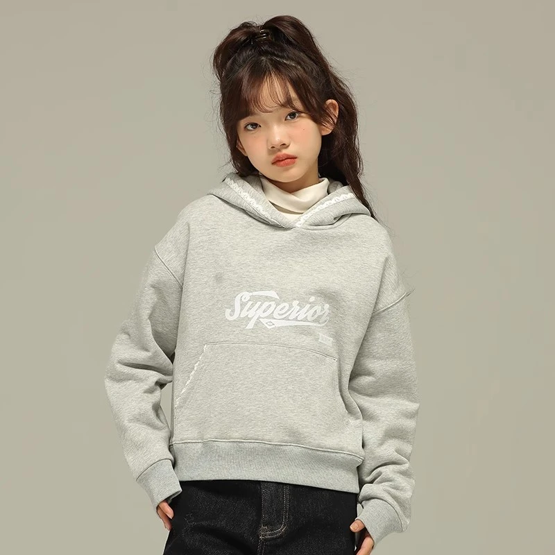 小女森女童冬装加绒卫衣儿童打底衫中大童加厚保暖长袖连帽上衣潮