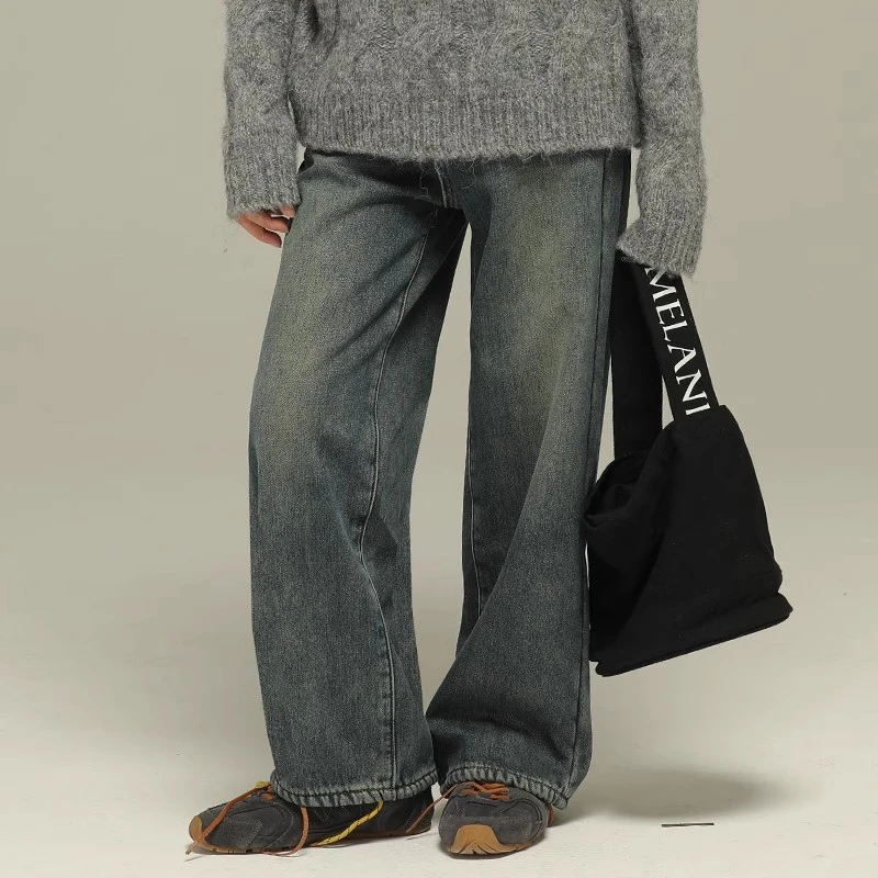 小女森女童秋冬做旧水洗复古长裤儿童拼接腰头牛仔裤阔腿加绒裤子