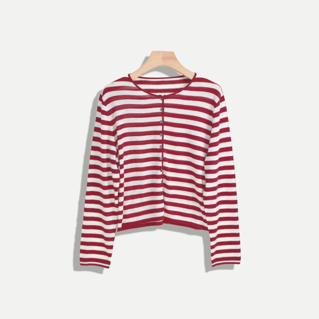 【荣荣】圆领针织开衫长袖条纹上衣空调衫短款外套Y12024-GB