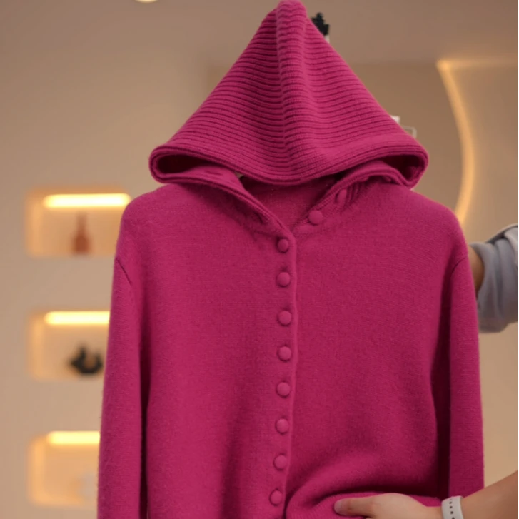 【w】【480克纯羊毛】锦绣外~冬季加厚简约单排扣连帽针织衫Y13284-GB