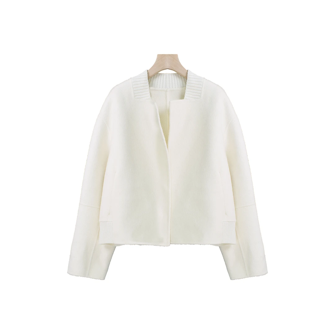 【越越】【现货】青城雪芽~时髦针织拼接短款呢子外套-Y12102-GB