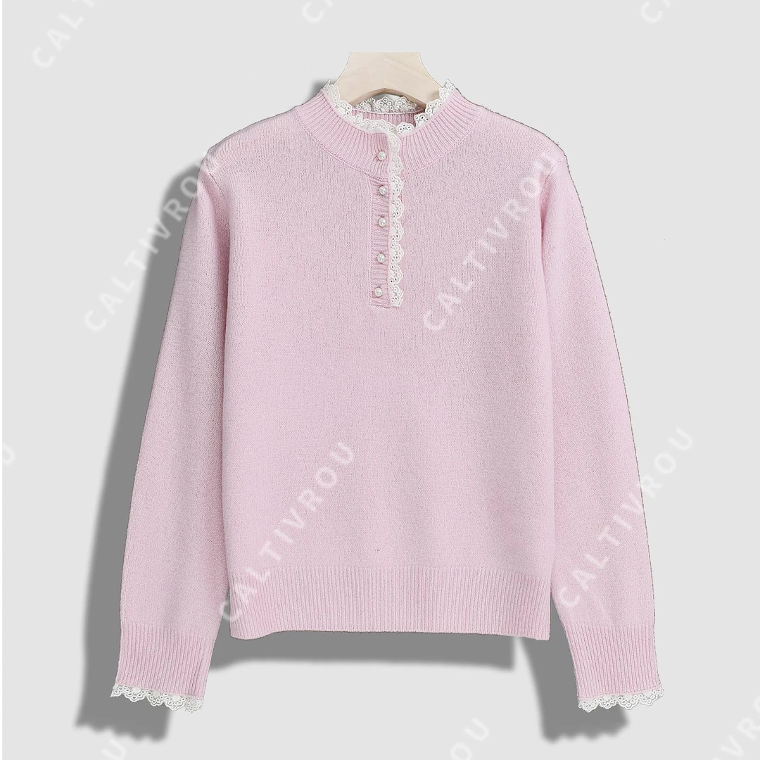 【媛媛】粉黛桃夭~秋冬时髦百搭蕾丝领口针织衫-Y13939