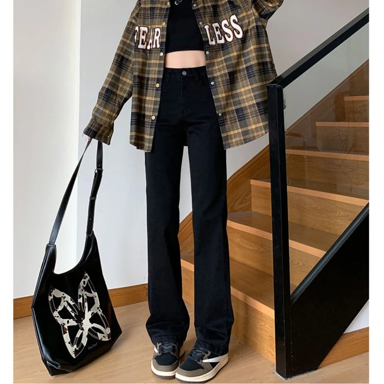 2023年冬季设计师新款高腰复古直筒女牛仔裤加绒窄版阔腿烟管裤